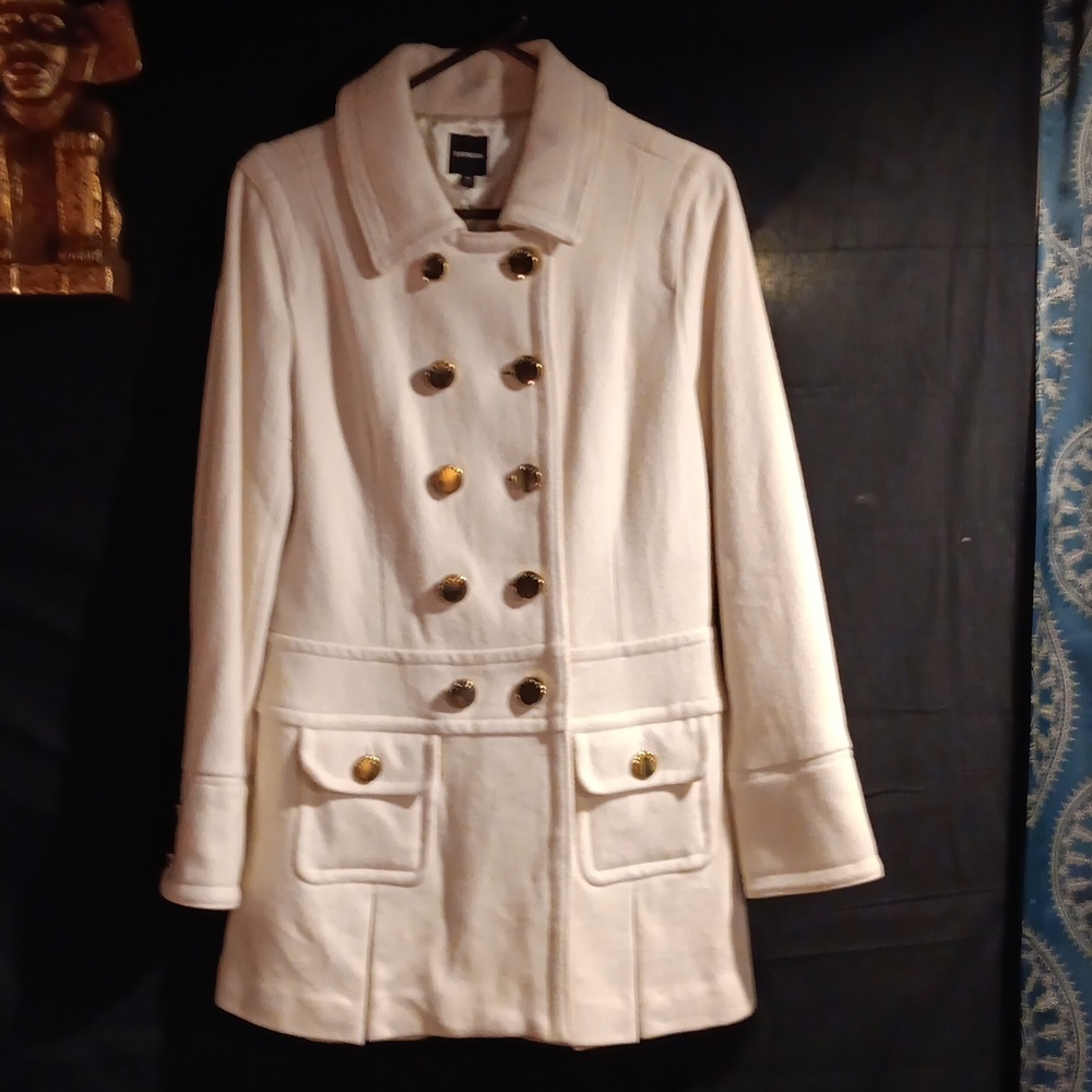 Express Double Breasted Cream Colored Pea Coat with Gold Buttons